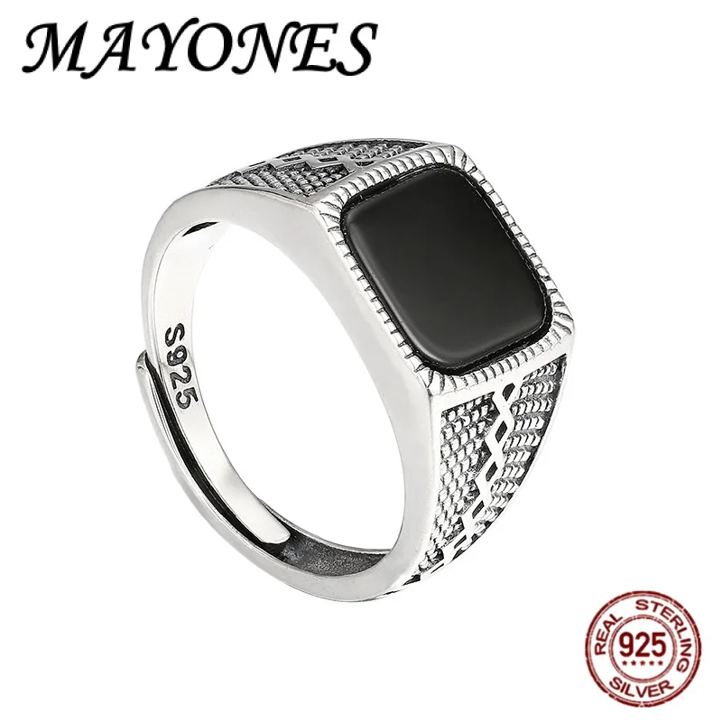 

NEW 925 Sterling Silver Simple Natural Square Black Agate Ring Men's Retro Adjustable Personalized Jewelry