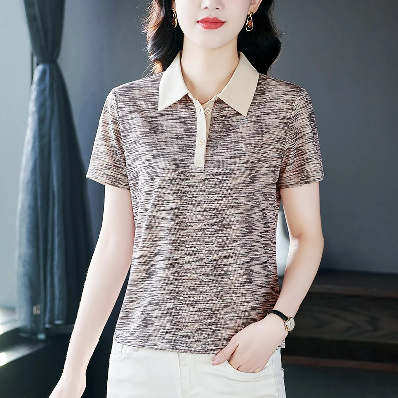 Summer Women\'s Floral Polo Shirt Golf T-shirt Clothes 2024 Tops Clothing Trend Woman Striped Pulovers Tees Printed stand collar