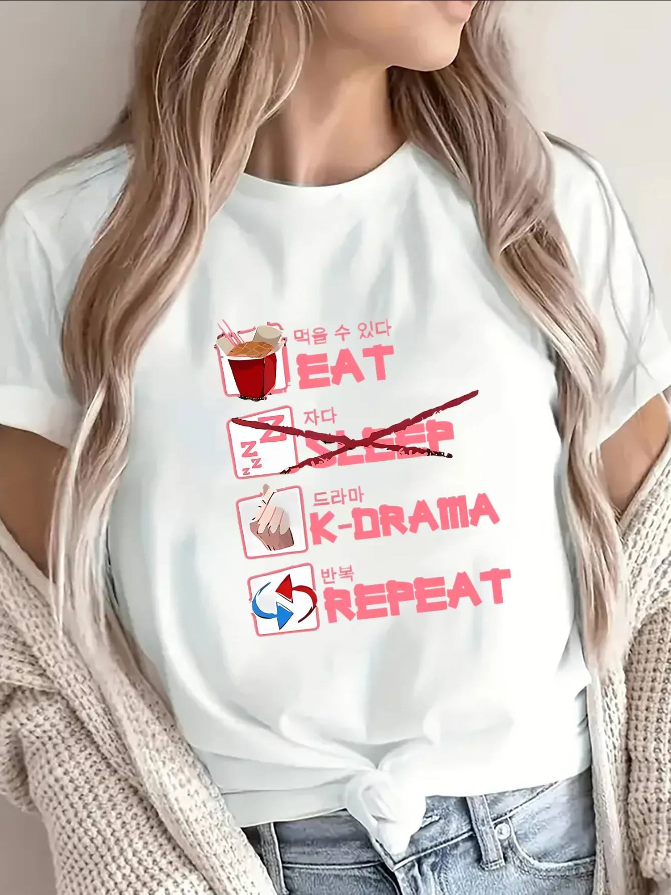 Funny Eat K-Drama Repeat T-Shirt Women Korean Drama Lover Graphic Tee Summer Short Sleeve Harajuku Casual Kpop Fan Female Tops