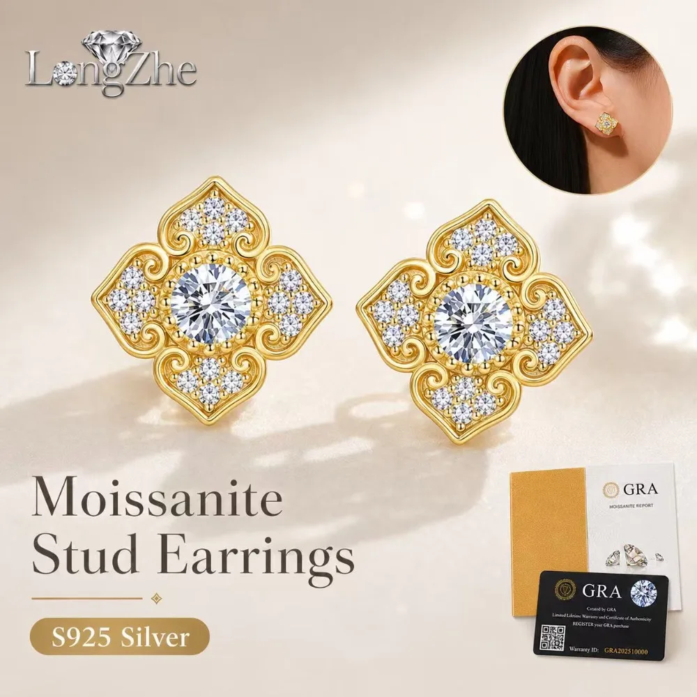 

Moissanite Stud Earrings for Women S925 Sterling Silver Gold Color Four Leaf Clover 4.0mm GRA Certified Wedding Jewelry Gift