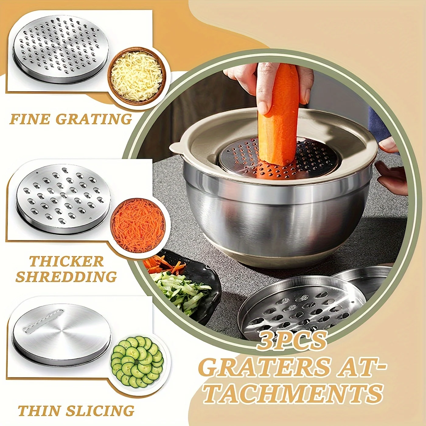 Mixing Bowls with Airtight Lids Set SteelBowls with Grater Attachments,Non-Slip Bottoms KitchenGadgets Great for Mixing Serving