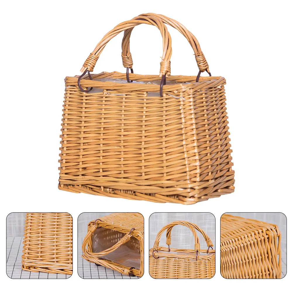 

1Pcs Rattan Woven Flower Basket Khaki Decorative Hand Basket Fruit Storage Container Rustic Home Decor Bohemian Farmhouse Style
