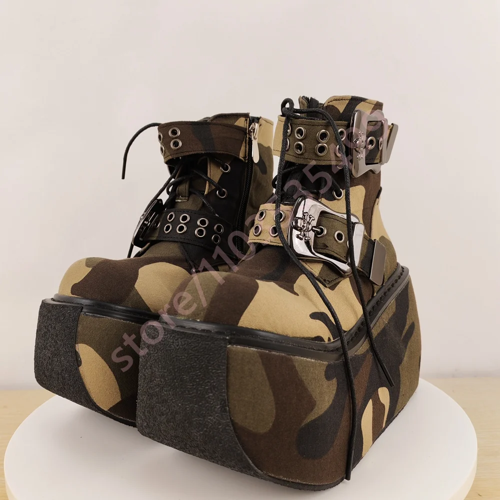 Tank Belt Buckle Camouflage Short Boots 2025 New Round Street Style Lace-Up Wedge Heel Boots Fashion Party Casual Stage Boots image 2