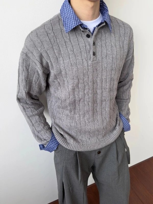 

Американский ретро витой вязки, искусственный двухсекционный свитер, мужской трикотаж с воротником в клетку, повседневный свободный крой, осень-зима