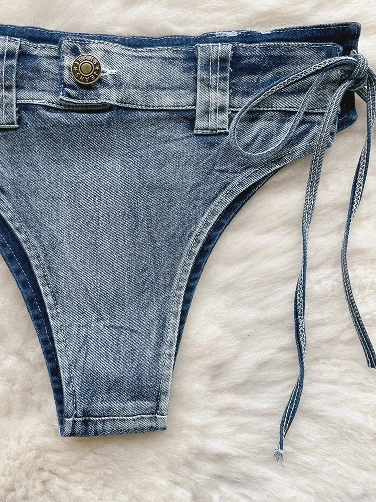 Sexy Swimwear Women Blue Denim Lace Up Bikini Set Halter Drawstring Beachwear Two-pieces Summer 2026 New Bathing Suit New