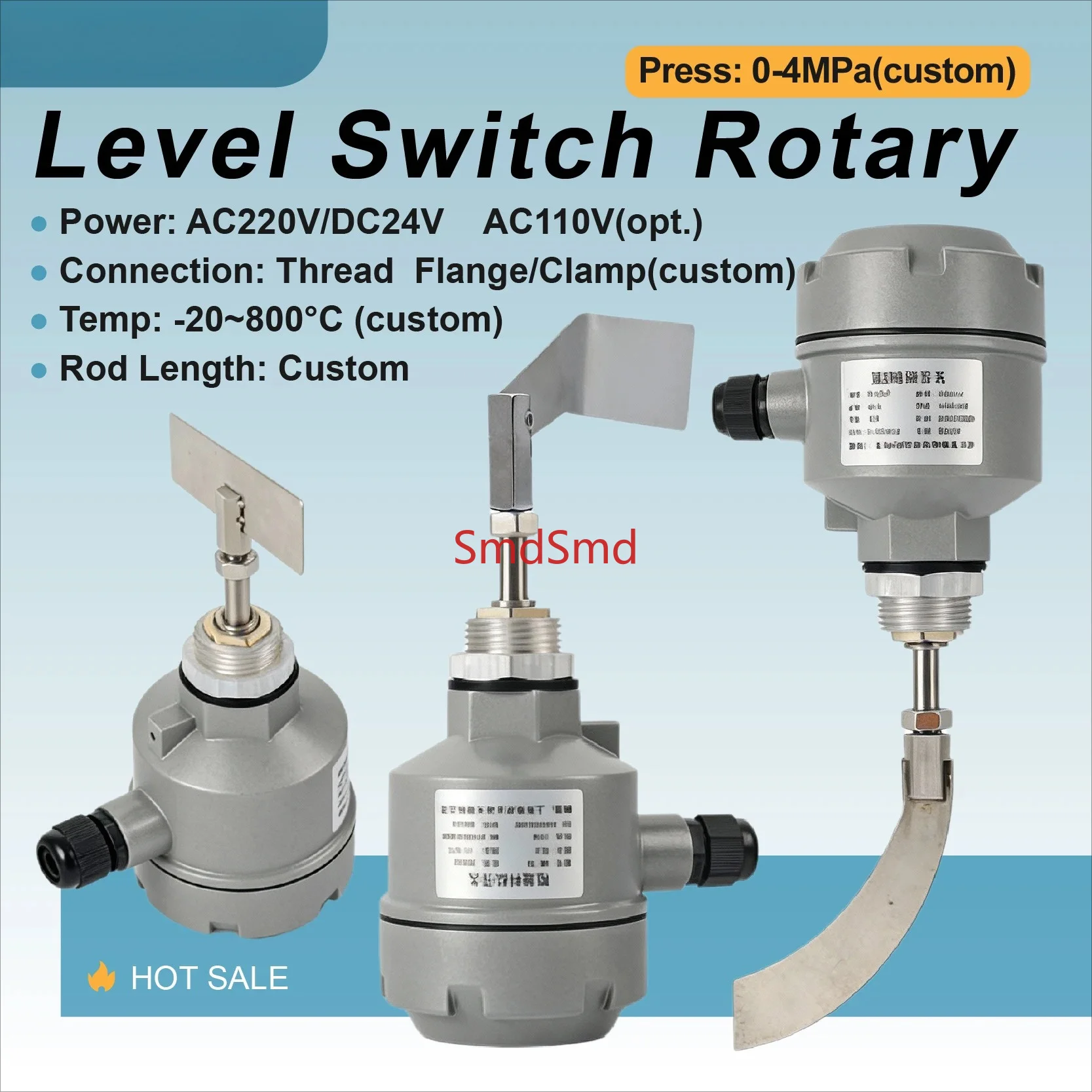 Rotary Paddle Level Switch 24V 110V 220V for Powders Granules and Bulk Solids with Custom Rod for Silo Hopper Control