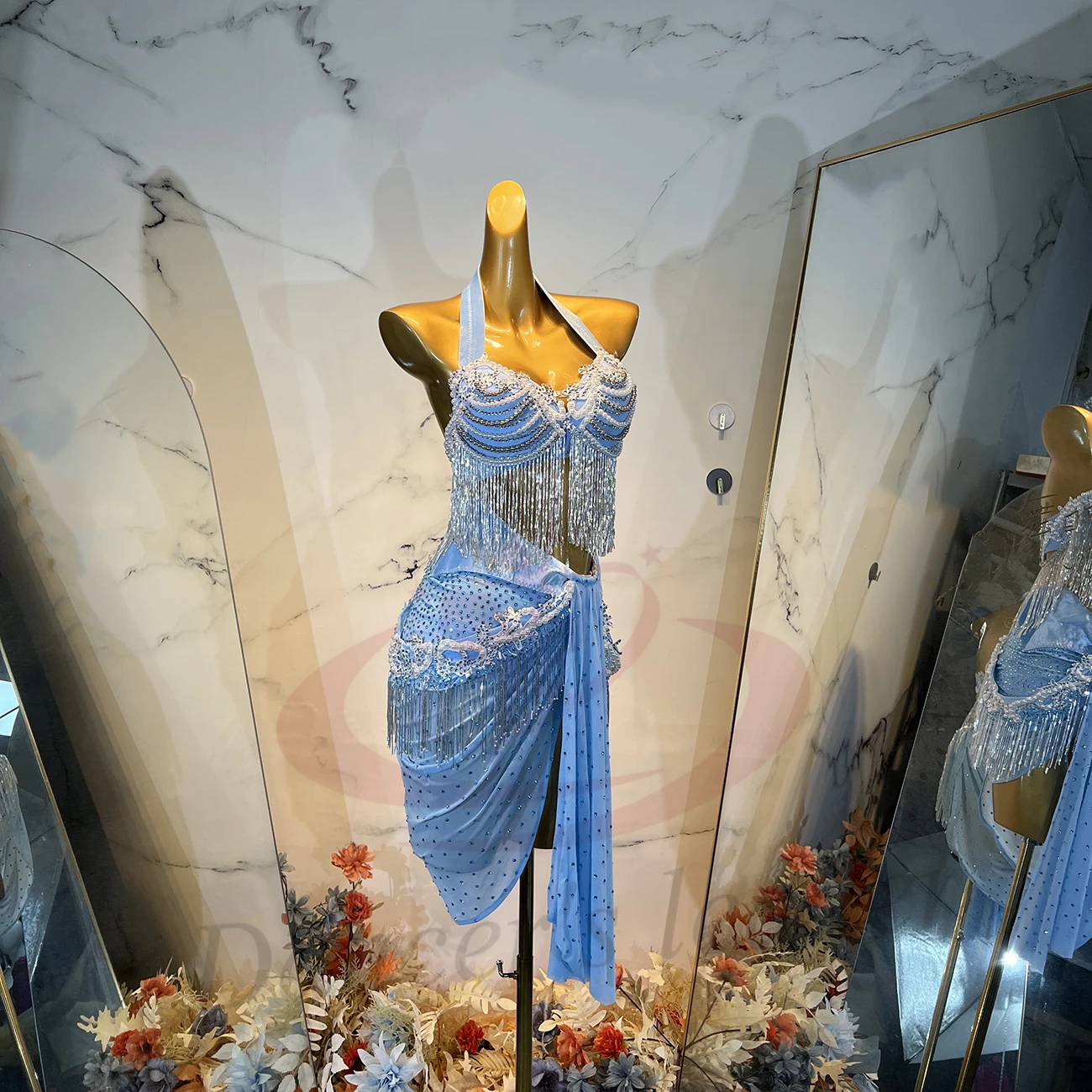 Latin Dance Adult Children'S Dress AB Stone High-End Custom Pearl String Chain Silver Tassel Cha Tango Women'S Clothing