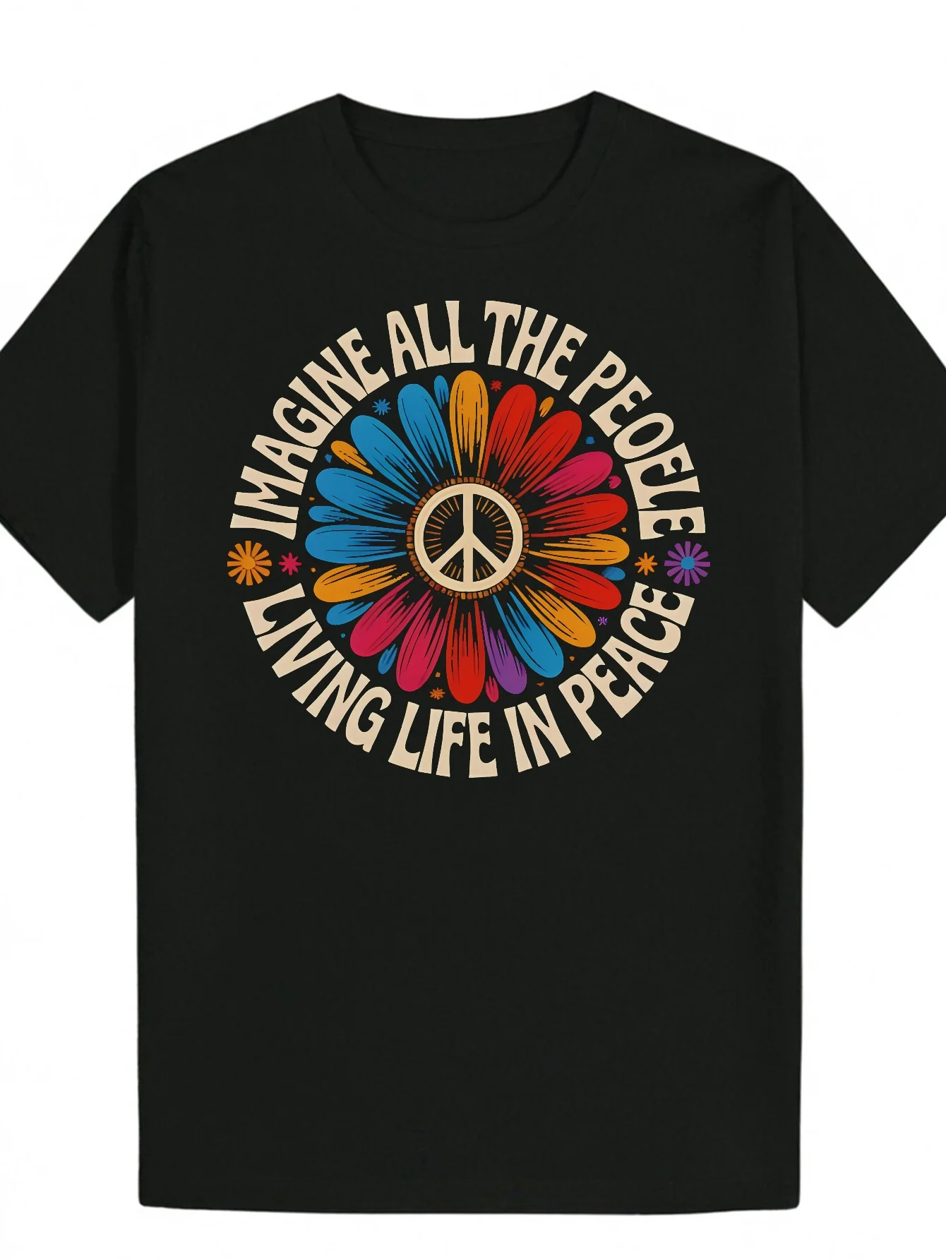 Men's Black T-Shirt with Multicolor Flower Print Imagine All The People Living Life in Peace Design