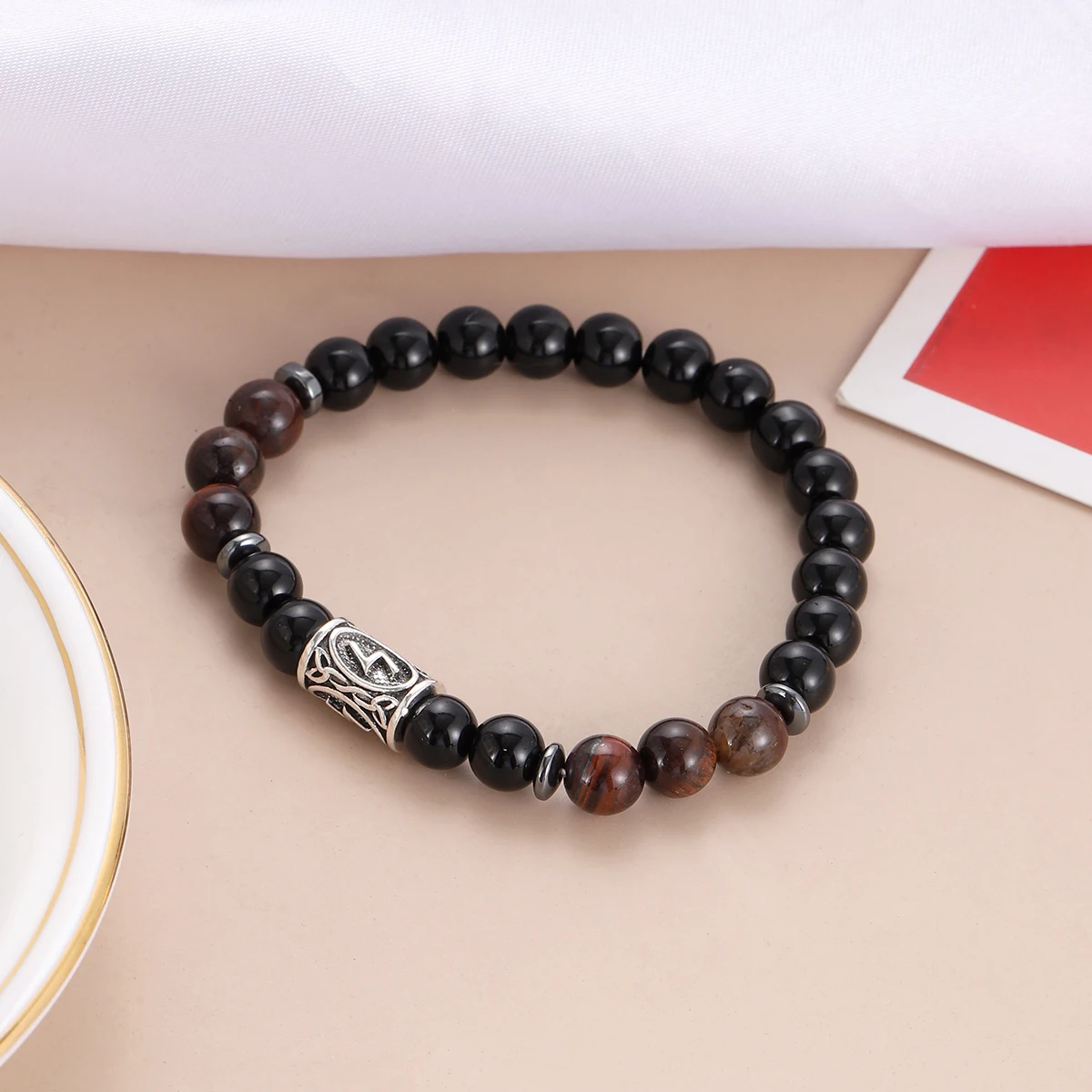 Ethnic Viking Runes Lava Bracelet Women Men 8mm Natural Obsidian Lapis Lazuli Purple Agate Stone Bangles Hombre Viking Pulsera