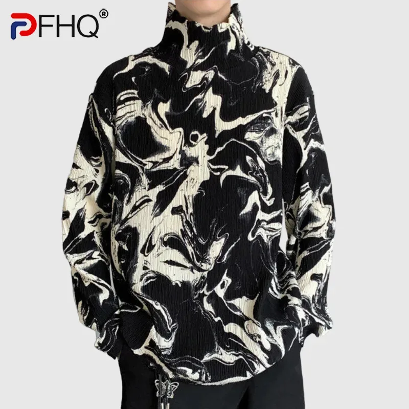 PFHQ Mock Neck Men's T-shirts Pleated Contrast Color Casual Menswear Loose Niche Design Long Sleeve Male Tees Spring 21Z9061