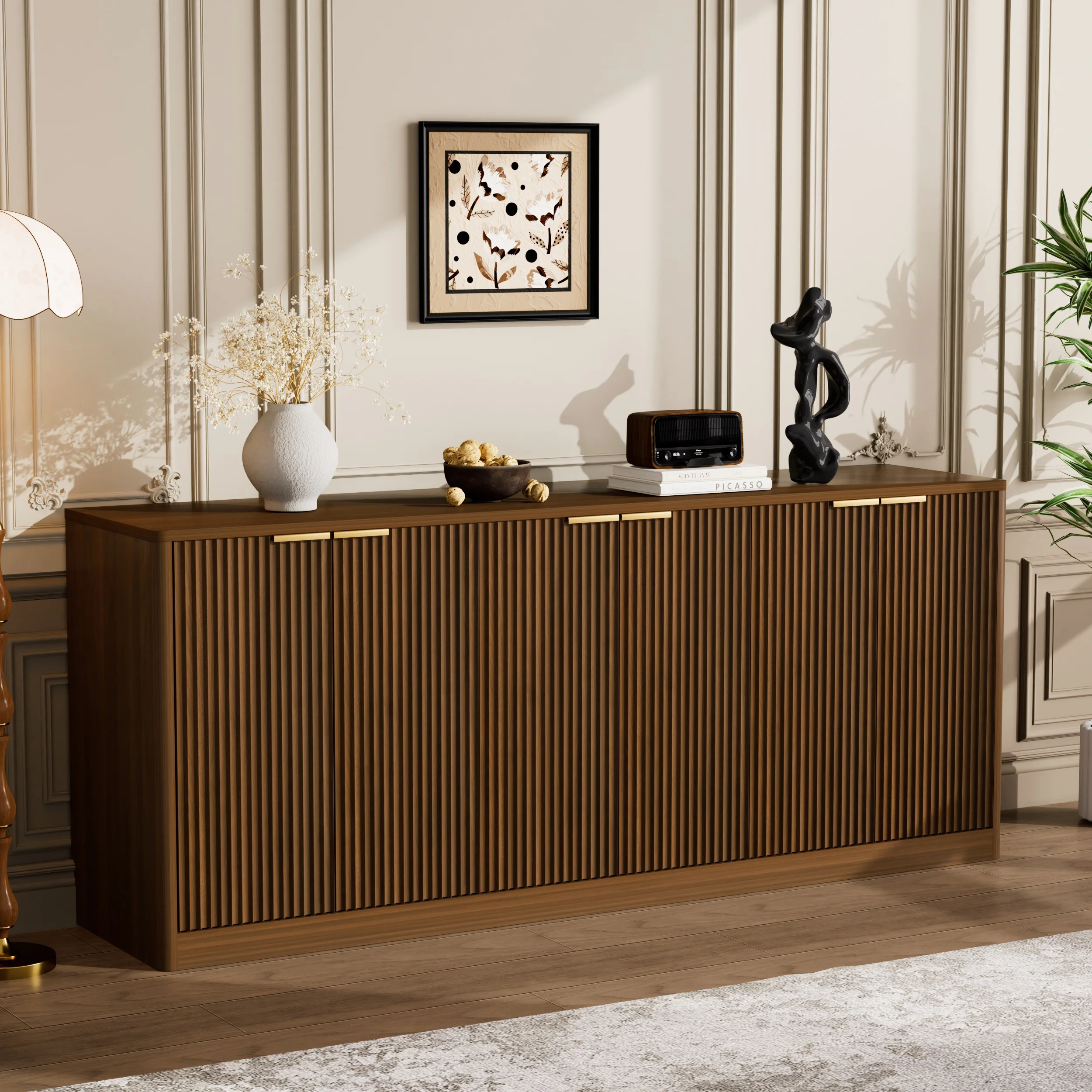 !@OE HOME 67-inch Modern Wavy Sideboard Curved Contour Design 6-Door Storage Cabinet Large Capacity Easy Assembly for Living Roo