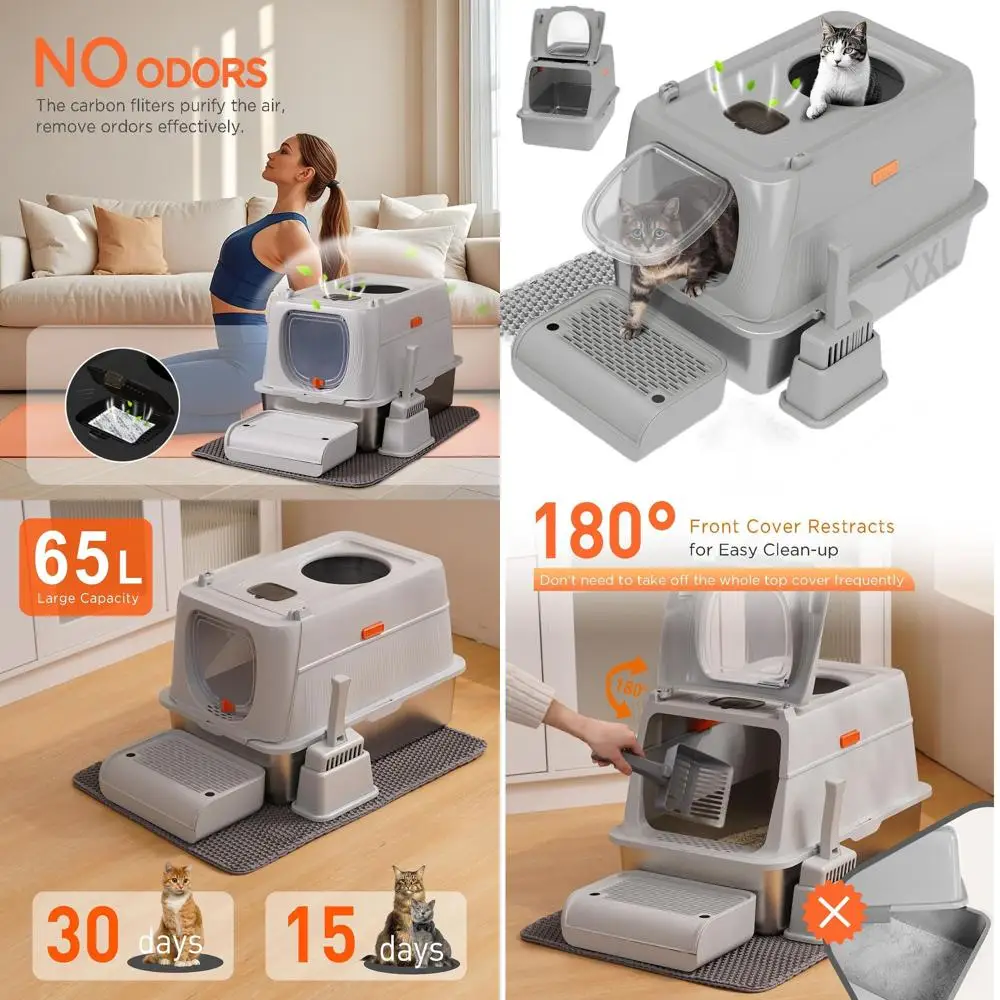 

Large Stainless Steel Front & Top Entry Cat Litter Box with Lid, Scoop, Double Mat, Anti-Leak, Light Grey