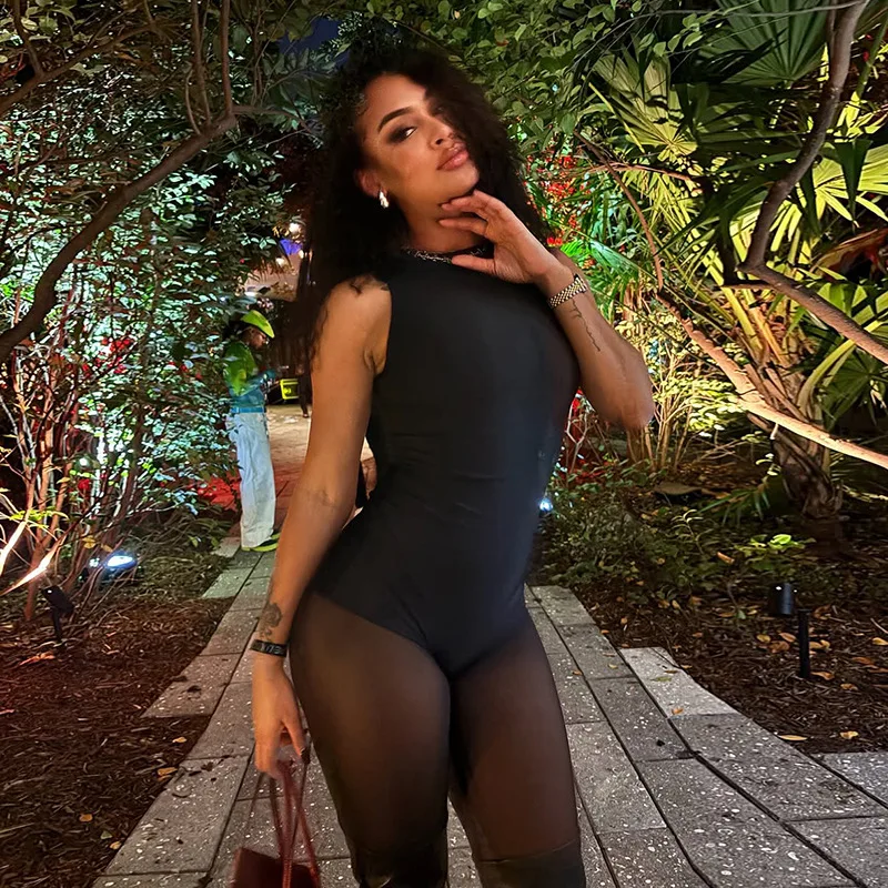 2026 Sommer Nude Feel Transparenter Mesh Ärmelloser Jumpsuit Damen Mode Ausgehkleidung Sexy Durchsichtiger Bodycon Romper Weibliche Streetwear – Detail 3