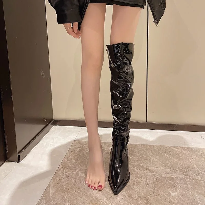 Women Black Pointed Toe Over Knee Boots 2026 New Slouchy Knight Tall Boot