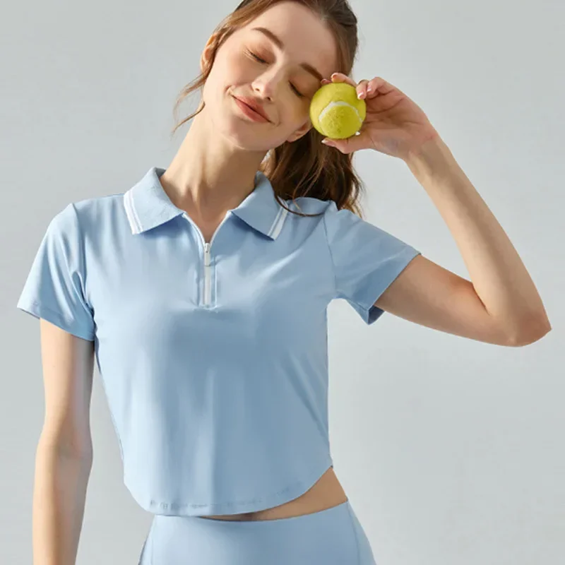 Women Zipper Polo Tennis Shirt Ladies Slim Short Sleeve Badminton T-shirt Women Breathable Athletic Workout Tops Casual Blouse