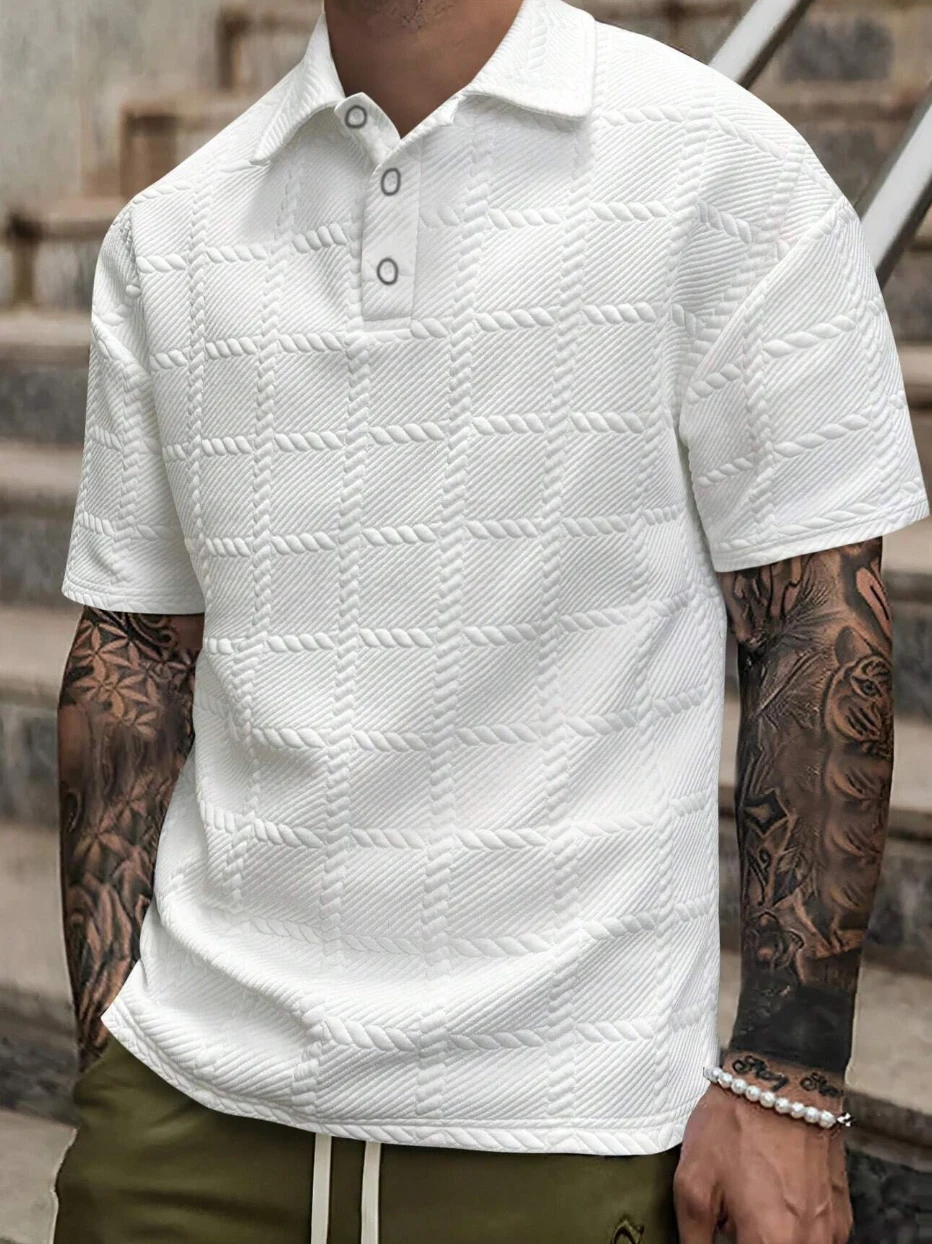 Herren-Sommer-Trend-Kurzarm-T-Shirt, lässig, modisch, Revershemd, täglich, stilvoll, Jacquard, kleines Karomuster