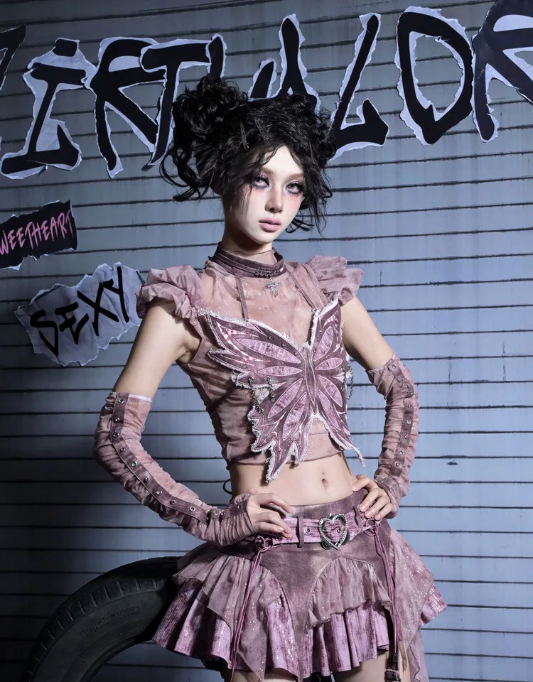 Zestawy spódnic dla kobiet w stylu subkultury, punkowym, słodkim i coolnym, top biustonosz z motylem + spódnica z niskim stanem z siateczkowymi wstawkami, elegancki styl Y2K