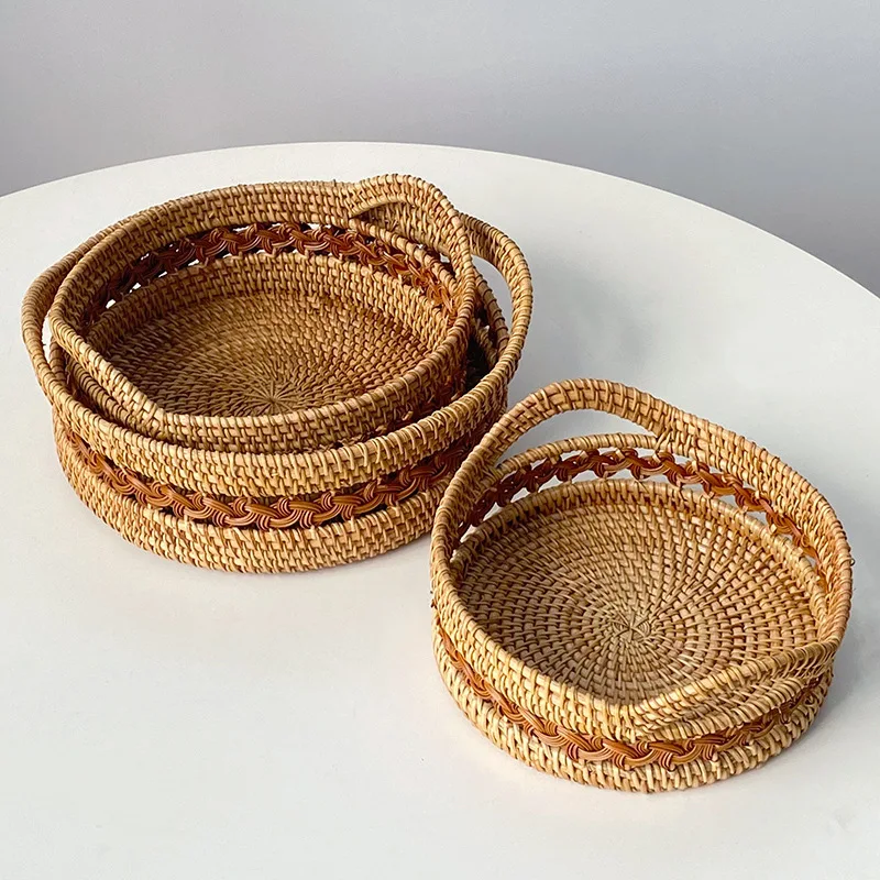 Handmade Real Rattan Round Fruit Basket, Snack Bread Basket Tray, Living Room Snacks Sundries Storage Basket