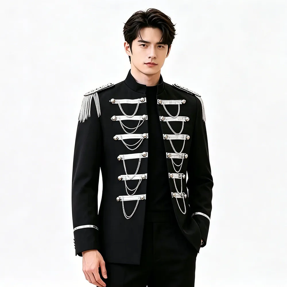 

Men Military Style Blazer Black Silver Chain Epaulet Slim Fit Stand Collar Suit Jacket for Stage Performance Wedding Prom Party