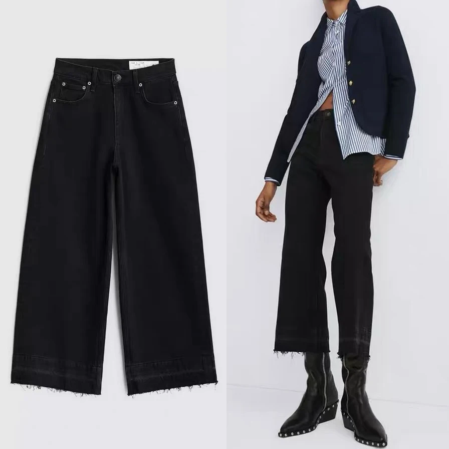 

Women plush thick jeans Stretch high waisted wide leg cropped jeans