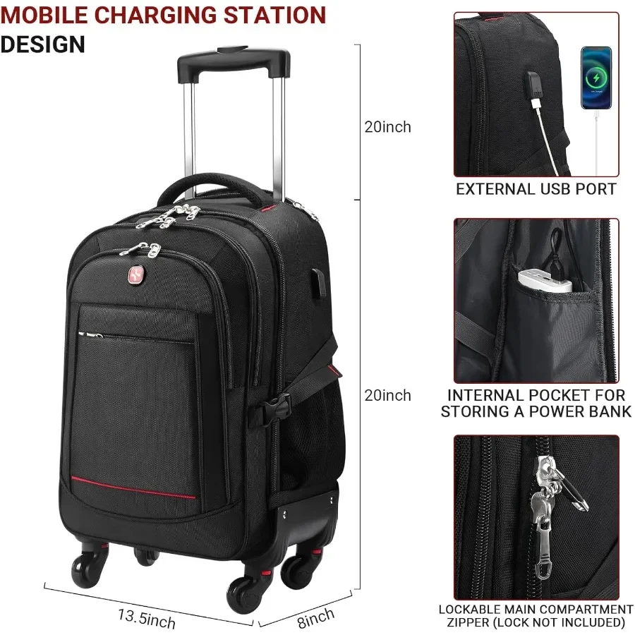 حقيبة ظهر دوارة مع 4 عجلات إضافية - أمتعة سفر تحت المقعد مقاومة للماء معتمدة من شركة الطيران مقاس 18 * 14 * 8 منتج شخصي Su #4