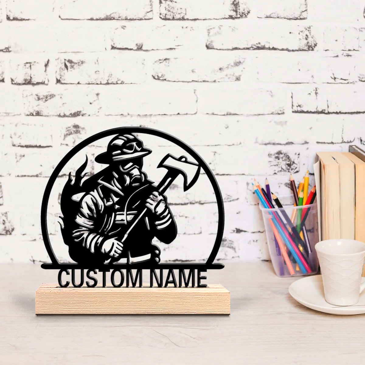 1pc firefighter Customized Text Metal Statue Art Figurine With Wood Base Metal Sculpture With Wood Base For Bedroom Desk Decor