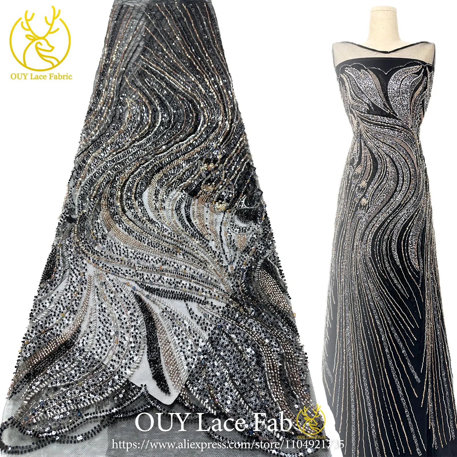 

2026 Latest Nigerian Luxury Groom's Hand-Beaded Lace Fabric, African Sequin Lace Fabric Suitable for Wedding Party Dress Sewin