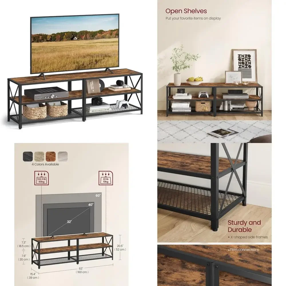 Industrial Style Entertainment Center for TVs up to 70 Inches, 3-Tier Steel Frame TV Console Table, Large Living Room Furniture