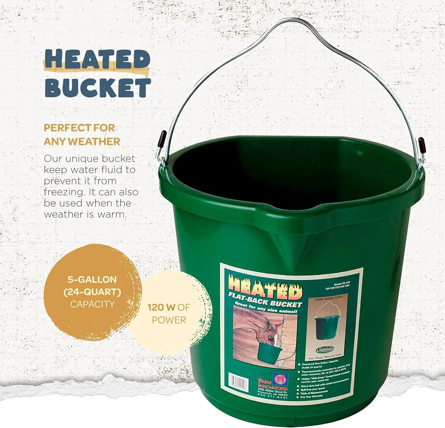 Farm Innovators Heated Flat-Back Water Bucket, 120 Watts, 5 Gallon, 4-Pack