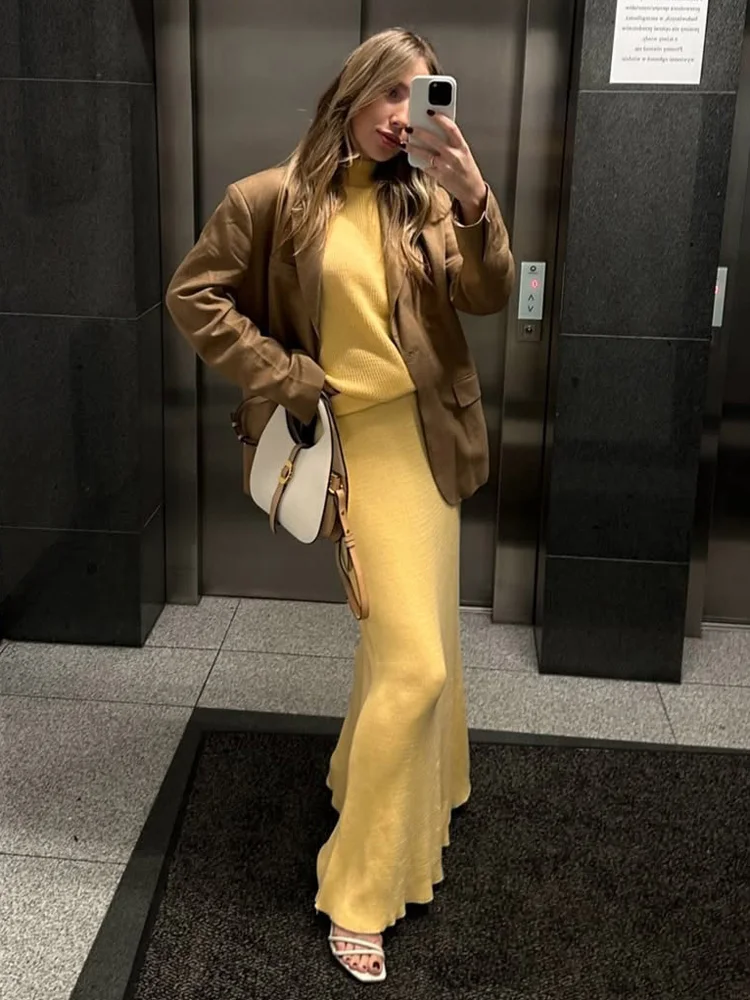 Tossy Elegant Knitwear 2 Piece-Set Long Dress Female Ribbed Sweater Pullover And Loose Patchwork Maxi Skirt Sets Ladies Outfits