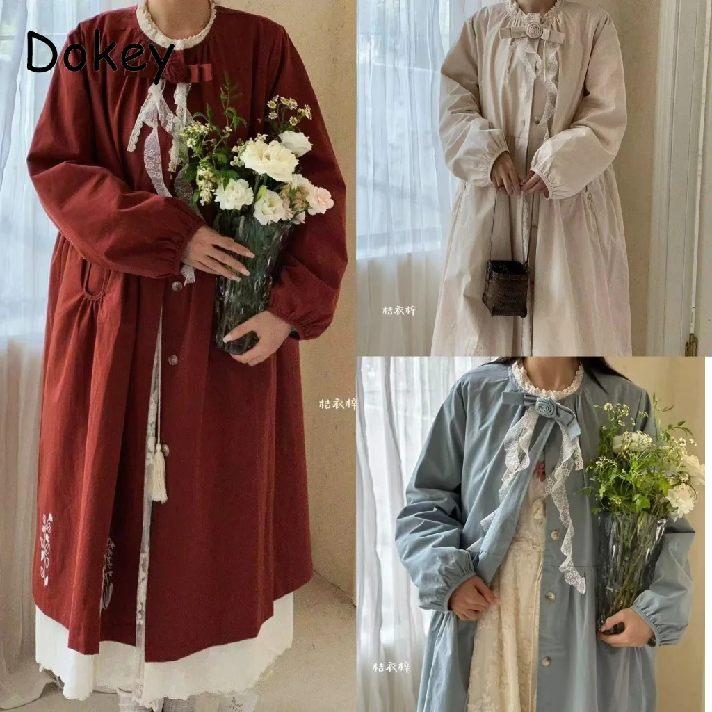 

Autumn Vintage Lace Ruffled Long Trench Coat Women's Mori Girl Stand Collar Windbreaker Jacket Japanese Kawaii Loose Overcoat