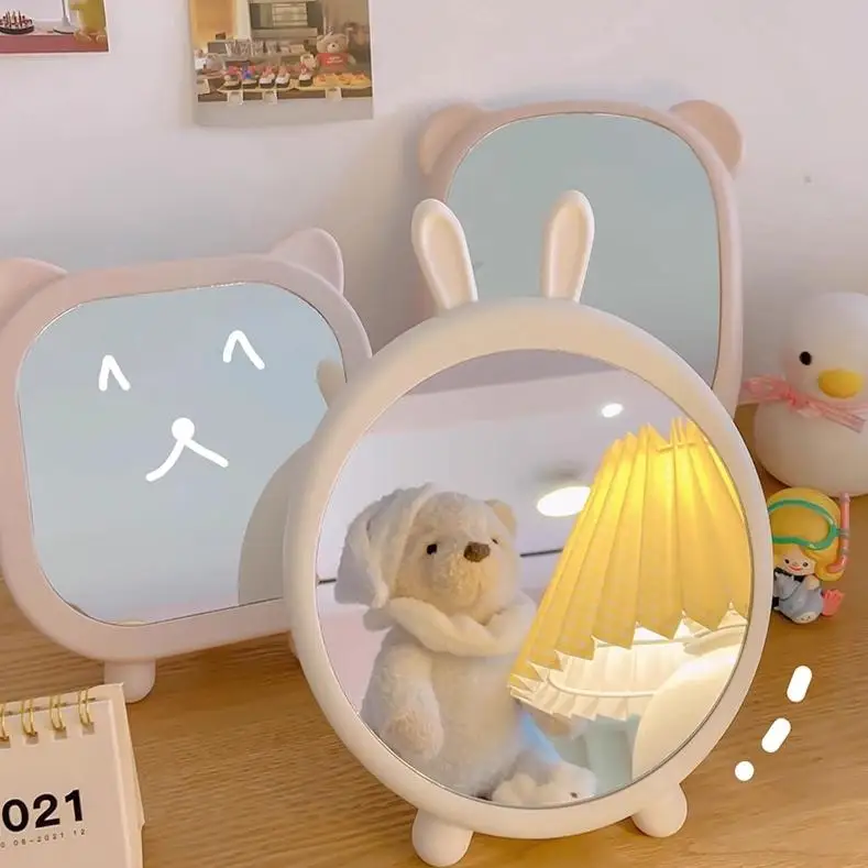 愛らしい漫画のクマとウサギの耳のアクリルミラー赤ちゃん用落下防止コンパクト化粧鏡家庭用学生寮デスクトップ用