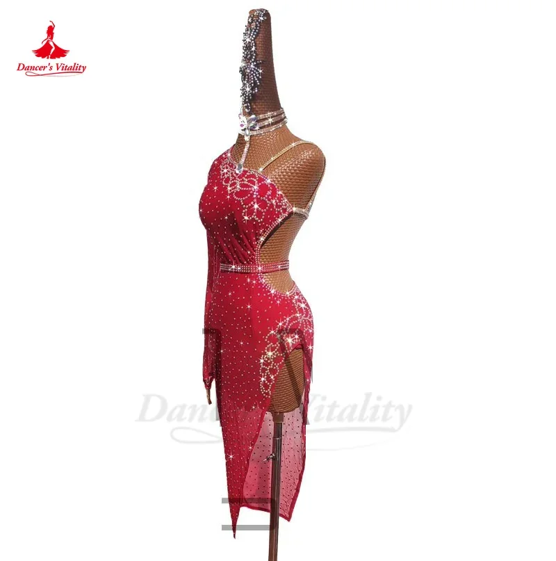 Latin Dance Competition Performance Dress Art Exam Female Elastic Mesh Long Sleeves Skirt Women Tango Latin Practice Dress