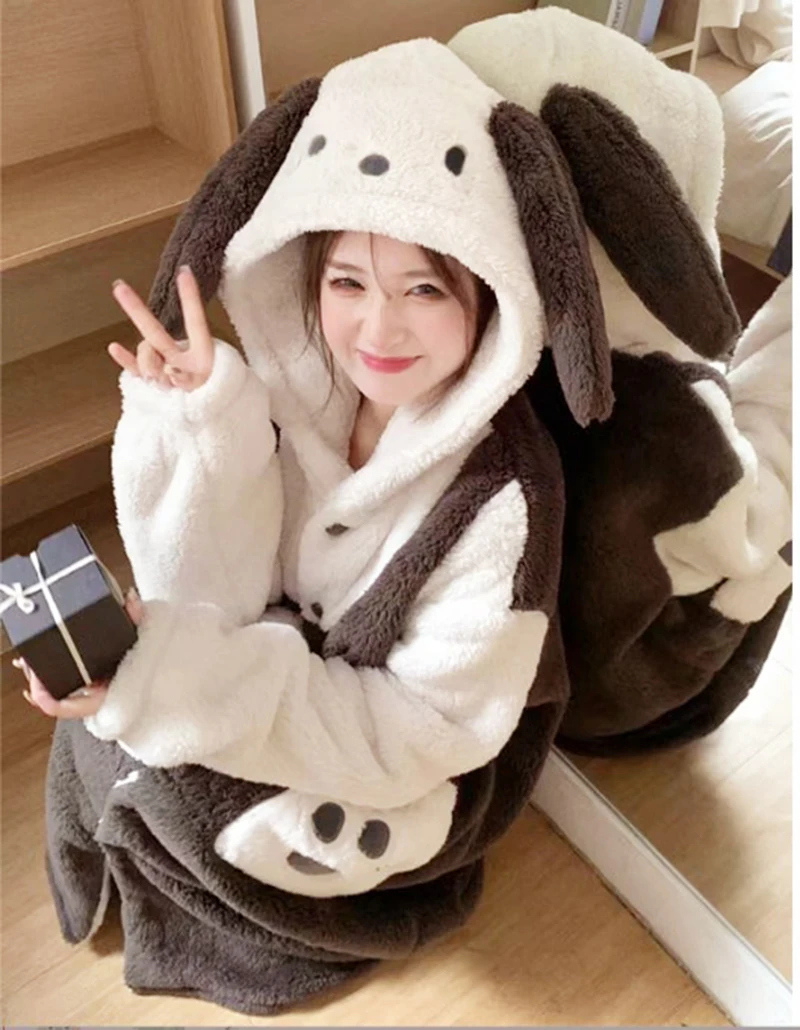 Adult Dog Kigurumi Women Men Cartoon Animal Cosplay Costume Winter Pajamas Set Hooded Couple Funny Party Nightgown Suit Nighties