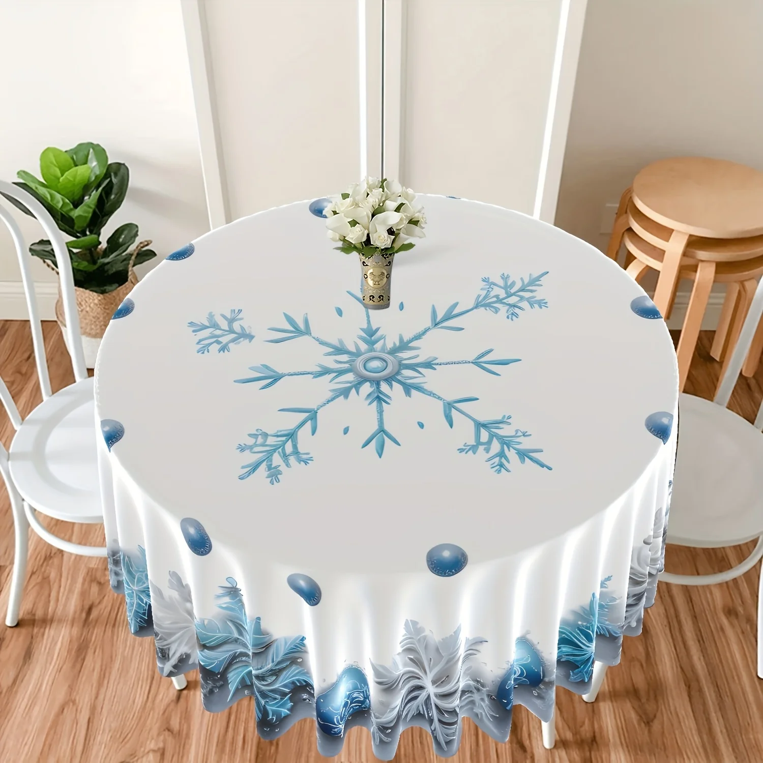 1 light blue snowflake round tablecloth, blue spherical pattern colorful patio table cover, Christmas style tapestry