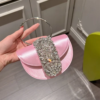 Borse da donna in raso di cristallo scintillante Designer di lusso con diamanti rosa da sera con diamanti Anello con pochette Borse da festa di nozze alla moda