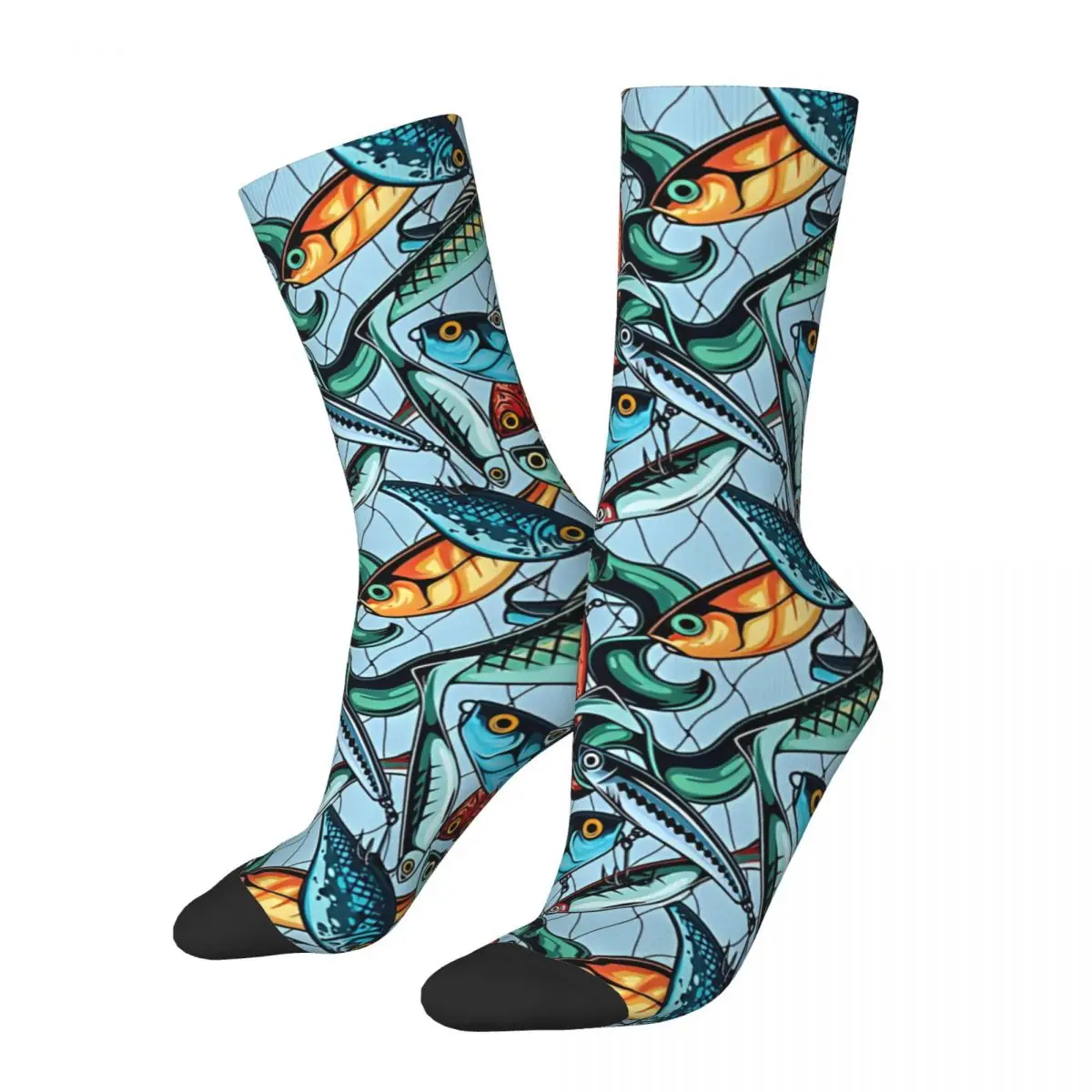 Happy Retro Fish Hook Net Crazy Men's Socks Unisex Fishing Pattern Street Style Pattern Printed Funny Crew Sock Boys Gift