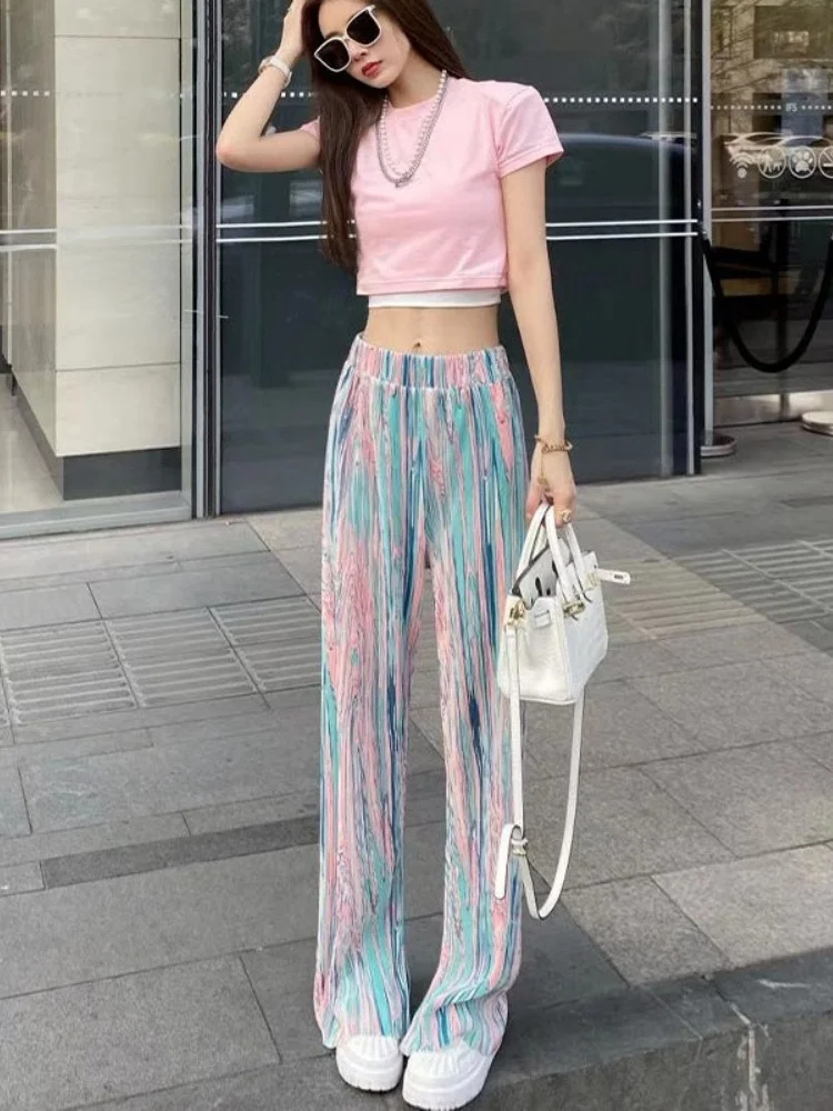 

Широкие брюки из ледяного шелка с эффектом тай-дай для женщин, летние, тонкие, повседневные, из шифона, для пляжа, с высокой талией, длинные