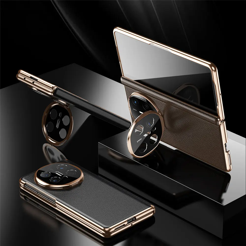 

Premium Cowhide Leather Litchi Case for Huawei Mate X6 X5 X3 Glass Film Hinge Holder Cover