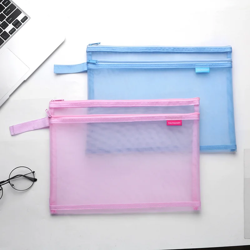 

A4 File Mesh Bag Documents Folder Transparent Grid Double Zipper Easy Carry Handle Office Travel School A7407