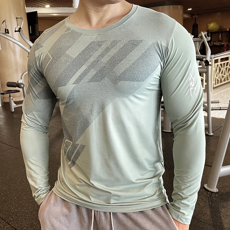 Hoge kwaliteit hardloopsportshirt heren fitness compressie lange mouw bovenste kleding ronde hals sweatshirt mannelijke Rash Guard Wicking