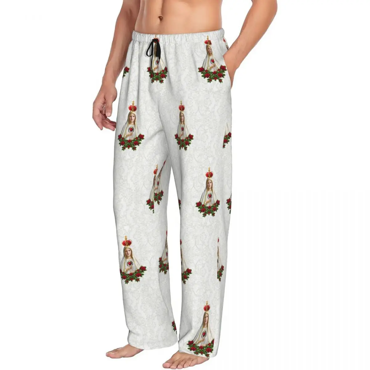 Custom Our Lady Of Fatima Virgin Mary Pajama Pants for Men Portugal Rosary Catholic Lounge Sleep Drawstring Bottoms with Pockets