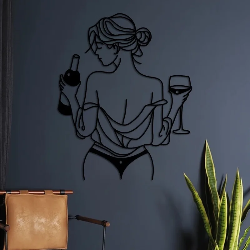 Schlanke schwarze Metall-Wandkunst „Wine Lady Line“, platzsparende abstrakte Wanddekoration, moderne Dekoration für kleine Apartments und Barwagen – Detail 5