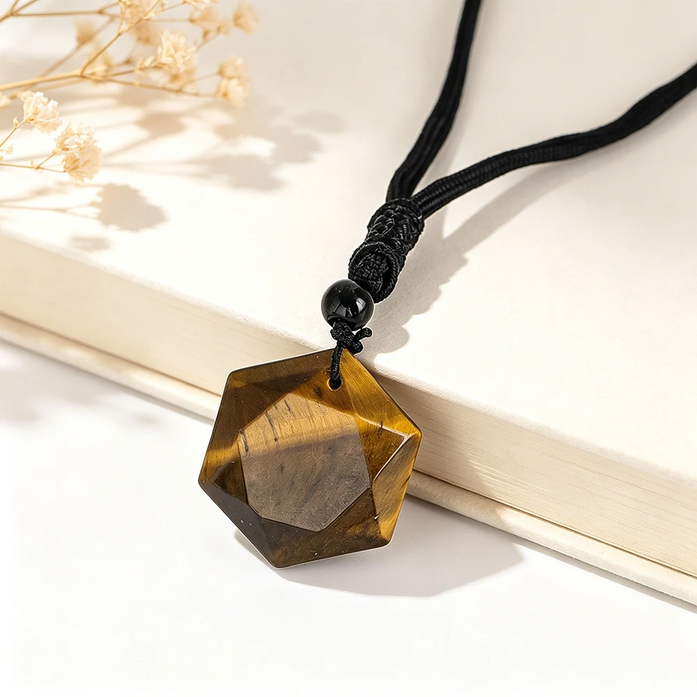 Natural Faceted Tiger Eye Stone Hexagram Pendant Necklace Adjustable Braided Rope Spiritual Meditation Unisex Fashion Jewelry
