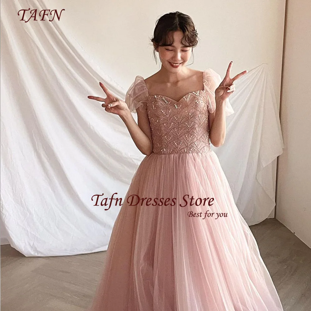 TAFN Lovely Pink Wedding Shooting Dresses Beading Short Sleeves Evening Party Dresses A-line Draped Tulle Reception Dress