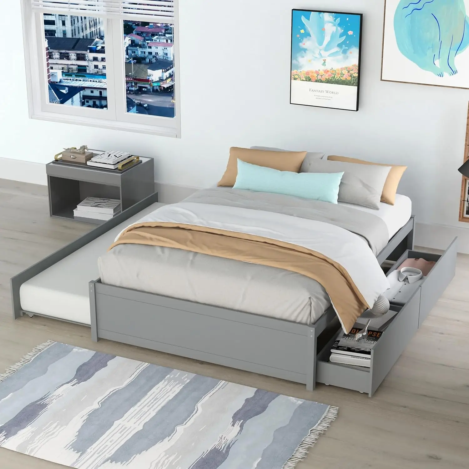 

Bed Frame with Trundle and 2 Storage Drawers Solid Wood Trundle Bed Trundle Bed for Kids Teens Adults Gray
