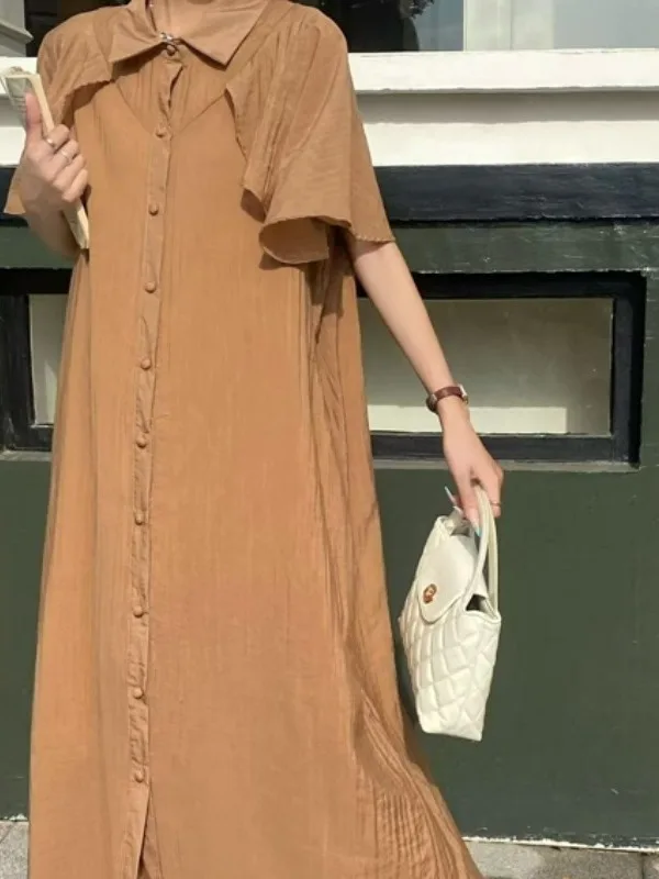 Ele Pure Color Overknee Long Dr Damen Plus Size Single Button Turn-Down-Kragen ort Sve Schlankheits irt Dr Su...