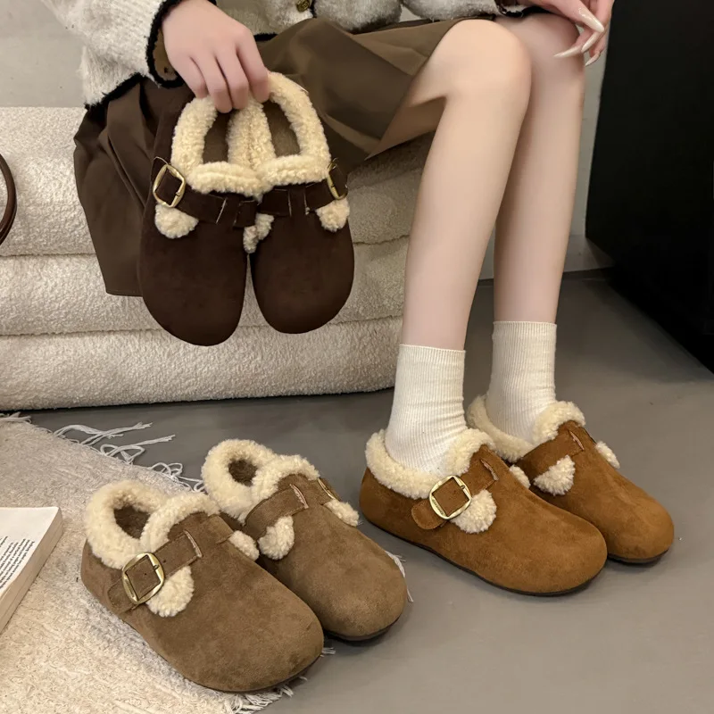 

Winter Warm Shoes Women Buckle Loafers Casual Comfortable Shallow Flat Platform Shoes Round Toe Furry Slides Camel Khaki Brown