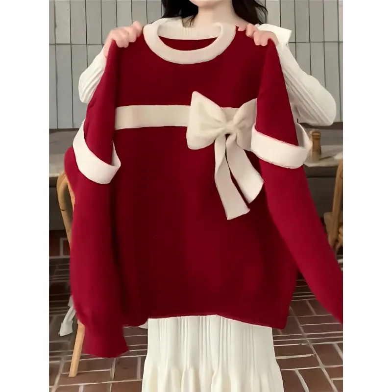 Red Christmas Sweater Women Autumn Winter Simplicity Loose Bow O-neck Long Sleeve Knitwear Fashion All-match Trend Knitting Tops