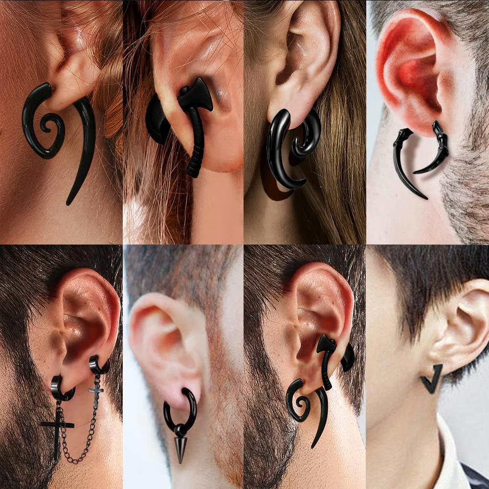 WKOUD 1 Pairs Stainless Steel Punk Black Dangle Earrings For Men Cross Skull Screw Cone Huggie Hoop Long Chain Piercing Hoop